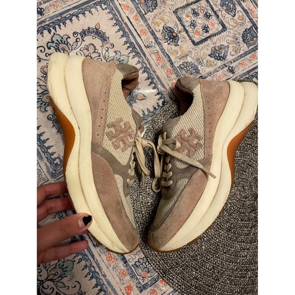 Tory Burch Shoes - Tory Burch Good Luck Trainer Sneakers Cream Tan Suede Mesh Womens 8M